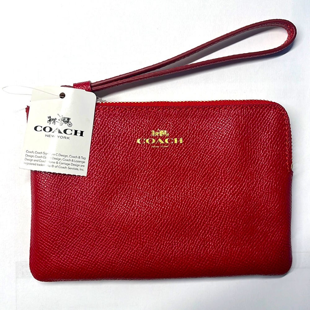 NWT Coach Red and Gold Leather Wallet (Corner Zip Wristlet)